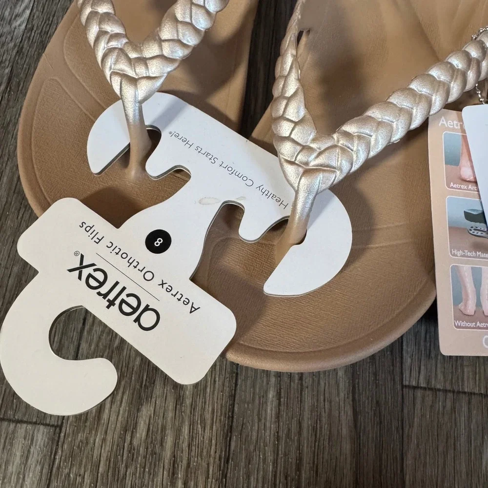 Aetrex Vicki Flip Flops Women Size 8 Champagne Gloss Braided Orthotic Sandals